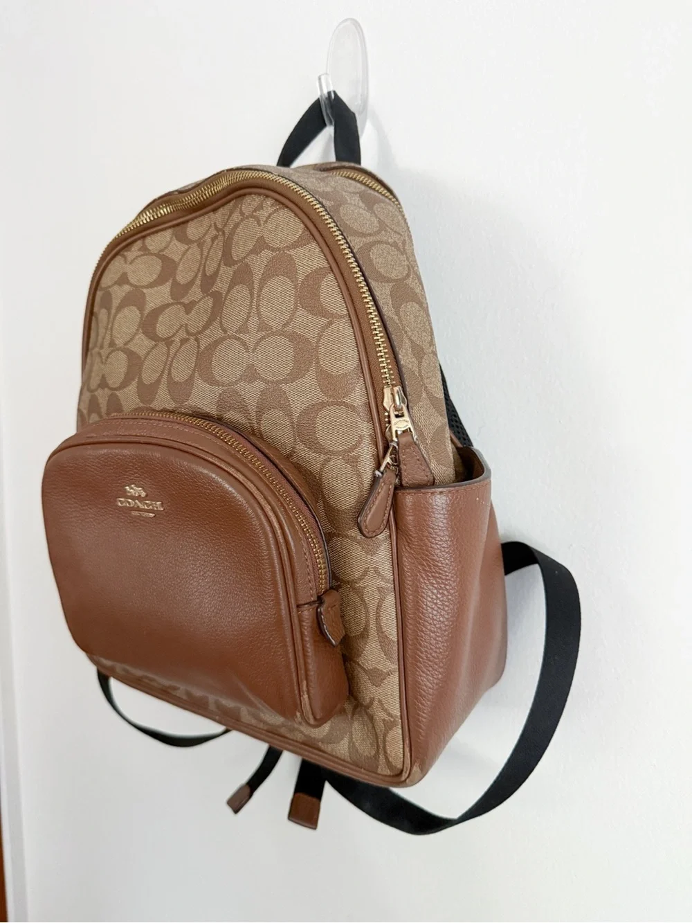 Coach Court 5671 Khaki Saddle Leather Canvas Signature Backpack